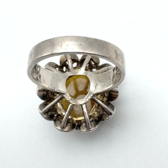 Vintage 1960-70 Sterling Silver Yellow Stone Ring Sz 6.75 Retro Ornate Metalwork - Picture 7 of 11